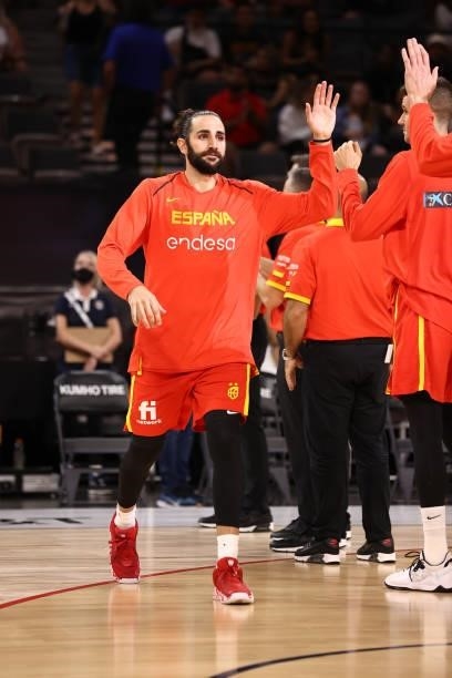 Ricky Rubio of the Spain Men's National Team high fives teammates before the game against the U.S. Men's National Team on July 18, 2021 at Michelob...