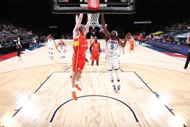 Pau Gasol of the Spain Men's National Team dunks the ball during the game against the USA Men's National Team on July 18, 2021 at Michelob ULTRA...