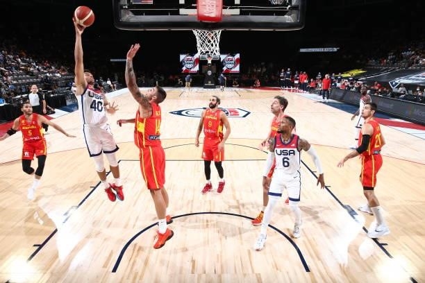 Keldon Johnson of the USA Men's National Team shoots the ball during the game against the Spain Men's National Team on July 18, 2021 at Michelob...