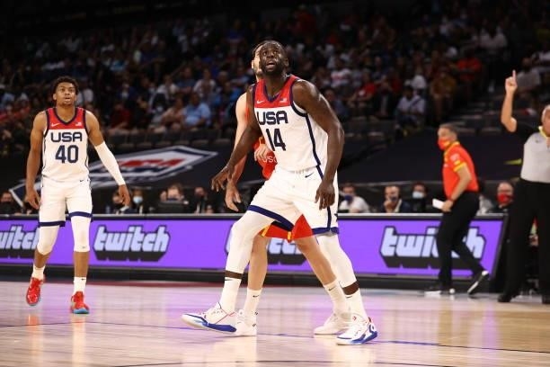 Draymond Green of the USA Men's National Team looks on for rebound during the game against the Spain Men's National Team on July 18, 2021 at Michelob...