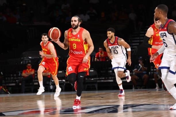 Ricky Rubio of the Spain Men's National Team dribbles the ball during the game against the USA Men's National Team on July 18, 2021 at Michelob ULTRA...