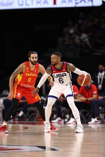 Damian Lillard of the USA Men's National Team dribbles during the game against the Spain Men's National Team on July 18, 2021 at Michelob ULTRA Arena...