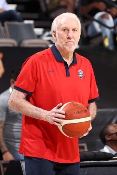 Head Coach Gregg Popovich of the USA Men's National Team looks on during the game against the Spain Men's National Team on July 18, 2021 at Michelob...