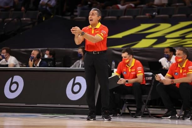 Sergio Scariolo Head Coach of the Sergio Llull of the Spain Men's National Team calls play during the game against the USA Men's National Team on...
