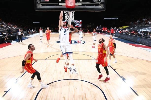 Zach LaVine of the USA Men's National Team dunks the ball during the game against the Spain Men's National Team on July 18, 2021 at Michelob ULTRA...