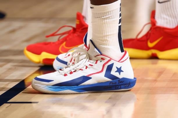The sneakers worn by Draymond Green of the USA Men's National Team during the game against the Spain Men's National Team on July 18, 2021 at Michelob...