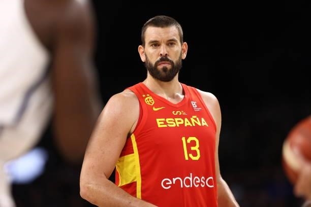 Marc Gasol of the Spain Men's National Team looks on during the game against the USA Men's National Team on July 18, 2021 at Michelob ULTRA Arena in...