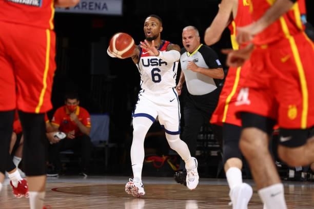 Damian Lillard of the USA Men's National Team passes the ball during the game against the Spain Men's National Team on July 18, 2021 at Michelob...