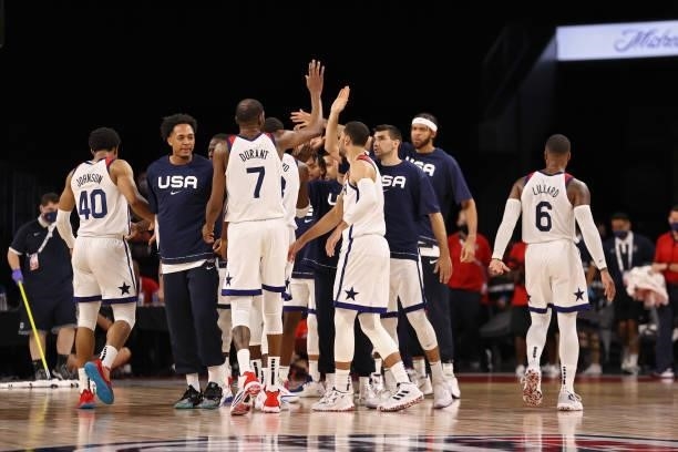 The USA Men's National Team huddle up during the game against the Spain Men's National Team on July 18, 2021 at Michelob ULTRA Arena in Las Vegas,...