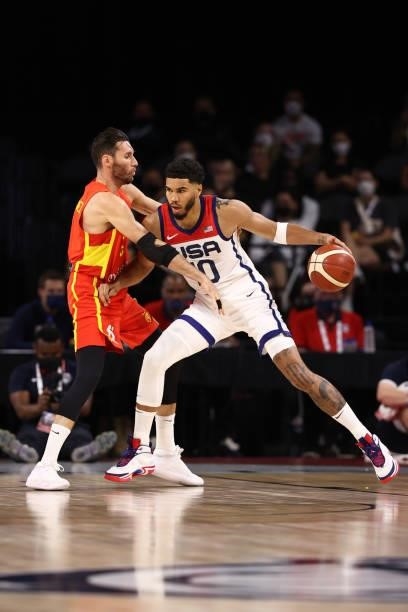 Jayson Tatum of the USA Men's National Team dribbles against the Spain Men's National Team on July 18, 2021 at Michelob ULTRA Arena in Las Vegas,...