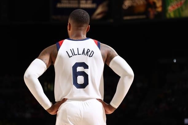 Damian Lillard of the USA Men's National Team looks on during the game against the Spain Men's National Team on July 18, 2021 at Michelob ULTRA Arena...