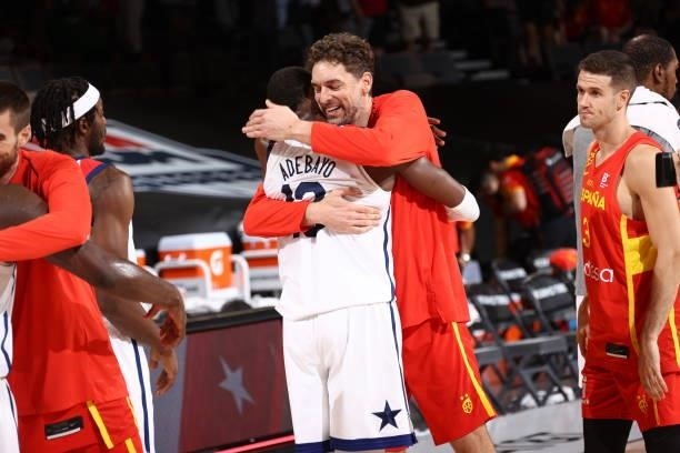 Bam Adebayo of the USA Men's National Team hugs Pau Gasol of the Spain Men's National Team after the game on July 18, 2021 at Michelob ULTRA Arena in...