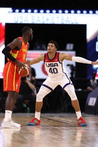 Keldon Johnson # of the USA Men's National Team plays defense during the game against the Spain Men's National Team on July 18, 2021 at Michelob...