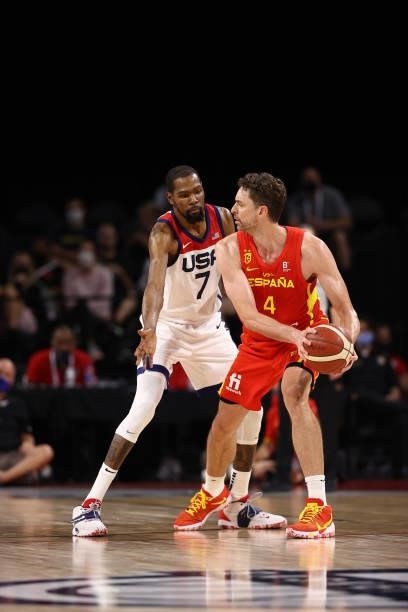 Kevin Durant of the USA Men's National Team plays defense against Pau Gasol of the Spain Men's National Team on July 18, 2021 at Michelob ULTRA Arena...