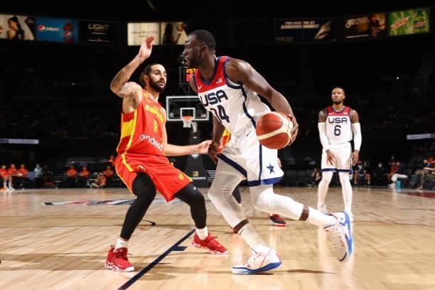 Draymond Green of the USA Men's National Team drives to the basket during the game against the Spain Men's National Team on July 18, 2021 at Michelob...
