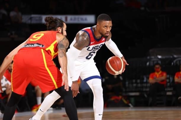 Damian Lillard of the USA Men's National Team handles the ball during the game against the Spain Men's National Team on July 18, 2021 at Michelob...