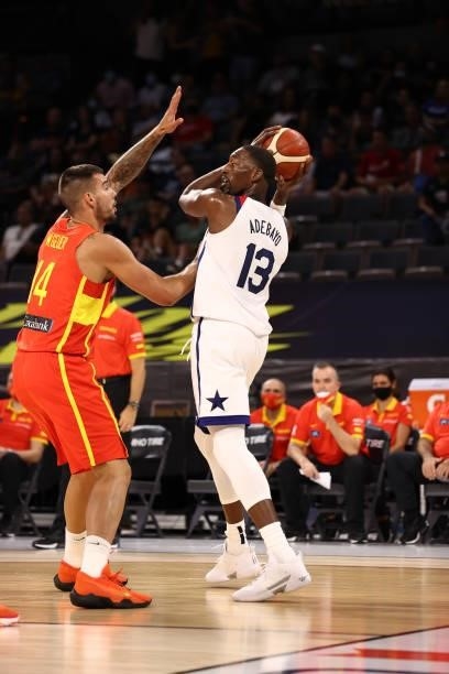 Bam Adebayo of the USA Men's National Team looks to pass against the Spain Men's National Team on July 18, 2021 at Michelob ULTRA Arena in Las Vegas,...
