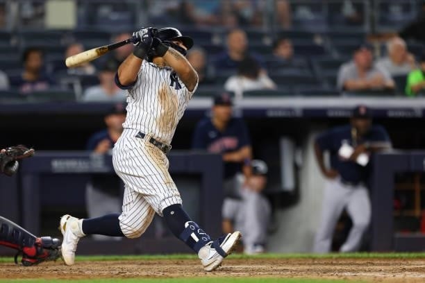 Rougned Odor of the New York Yankees hits a home run against the Boston Red Sox in the seventh inning at Yankee Stadium on July 18, 2021 in New York...