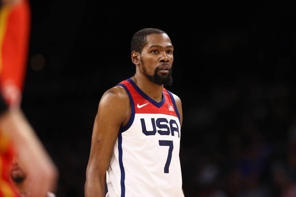 Kevin Durant of the USA Men's National Team looks on during the game against the Spain Men's National Team on July 18, 2021 at Michelob ULTRA Arena...