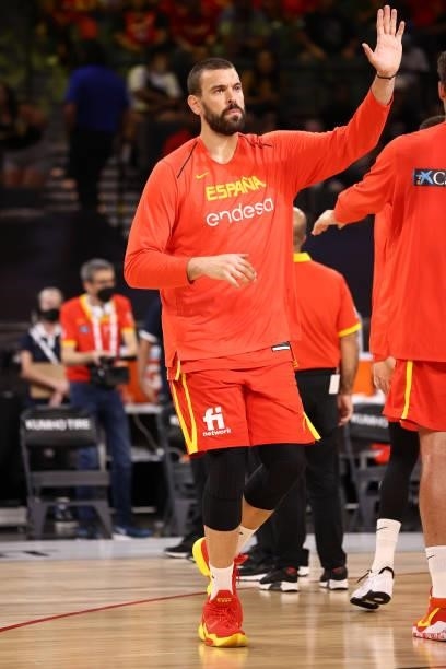 Marc Gasol of the Spain Men's National Team high fives teammates before the game against the U.S. Men's National Team on July 18, 2021 at Michelob...