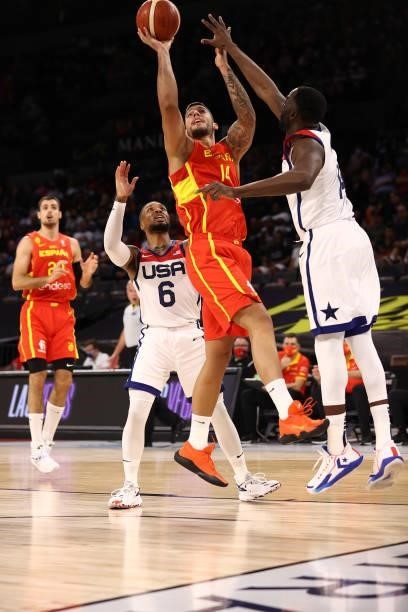 Willy Hernangomez of the Spain Men's National Team shoots the ball against the USA Men's National Team on July 18, 2021 at Michelob ULTRA Arena in...