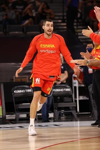 Juancho Hernangomez of the Spain Men's National Team high fives teammates before the game against the U.S. Men's National Team on July 18, 2021 at...