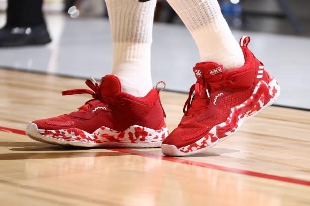 The sneakers worn by Sergio Rodriguez of the Spain Men's National Team during the game against the USA Men's National Team on July 18, 2021 at...