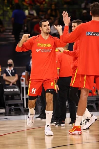 Alex Abrines of the Spain Men's National Team high fives teammates before the game against the U.S. Men's National Team on July 18, 2021 at Michelob...