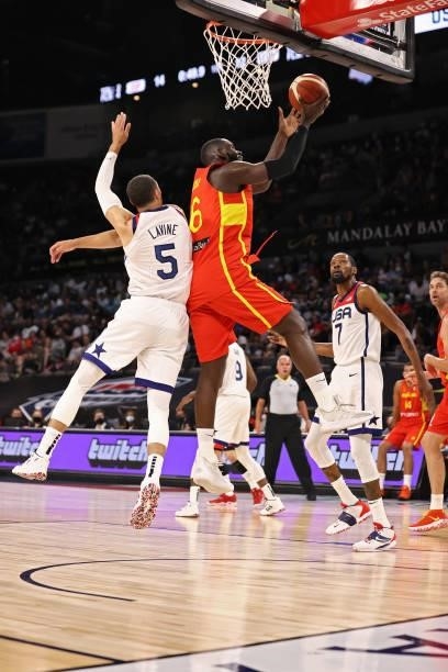 Sergio Rodriguez of the Spain Men's National Team rebounds against the USA Men's National Team July 18, 2021 at Michelob ULTRA Arena in Las Vegas,...