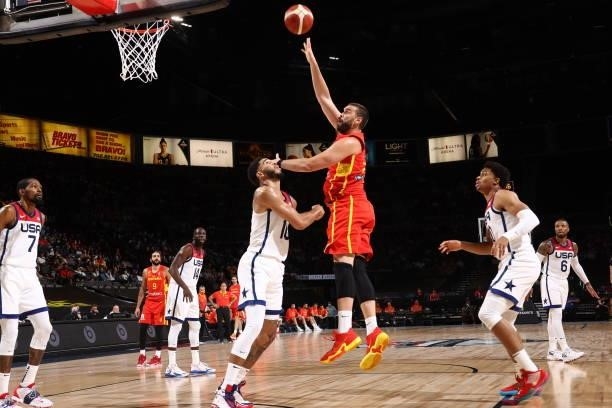 Marc Gasol of the Spain Men's National Team shoots the ball during the game against the USA Men's National Team on July 18, 2021 at Michelob ULTRA...