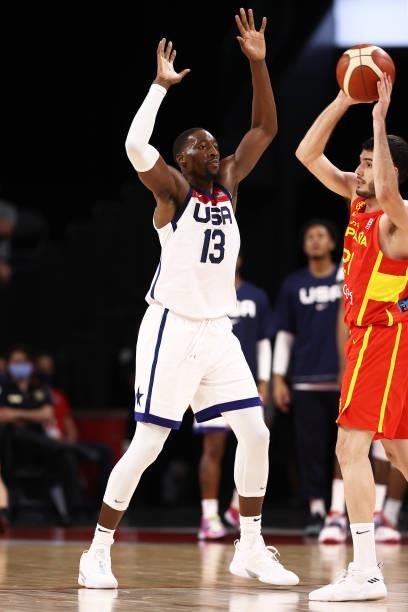 Bam Adebayo of the USA Men's National Team plays defense against the Spain Men's National Team on July 18, 2021 at Michelob ULTRA Arena in Las Vegas,...