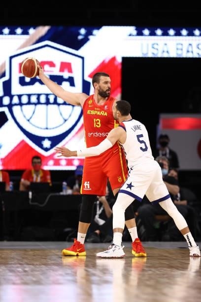 Marc Gasol of the Spain Men's National Team looks to pass the ball against the USA Men's National Team on July 18, 2021 at Michelob ULTRA Arena in...