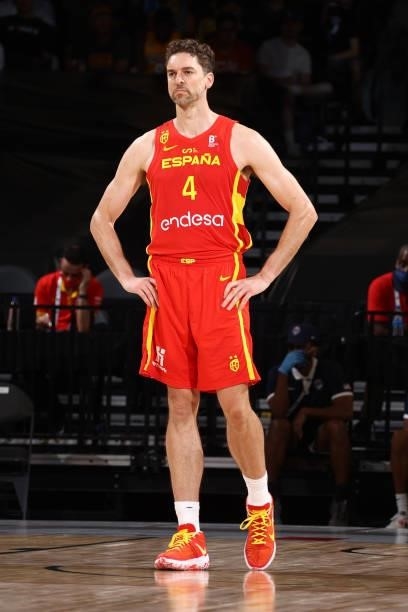 Pau Gasol of the Spain Men's National Team looks on during the game against the USA Men's National Team on July 18, 2021 at Michelob ULTRA Arena in...