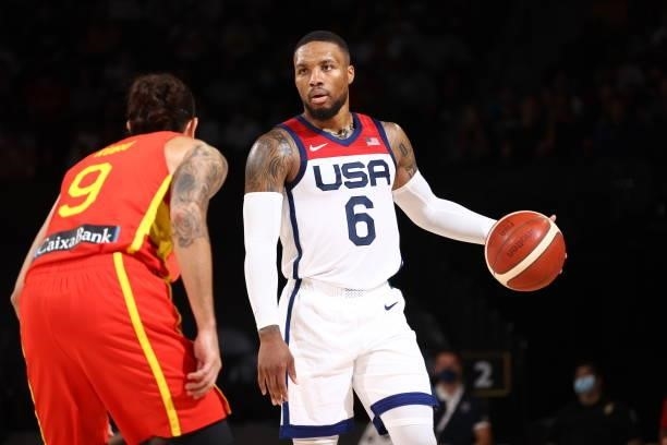 Damian Lillard of the USA Men's National Team handles the ball during the game against the Spain Men's National Team on July 18, 2021 at Michelob...