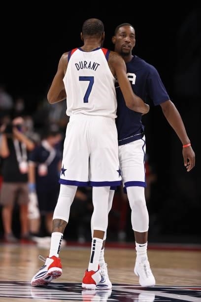 Kevin Durant of the USA Men's National Team hugs Bam Adebayo of the USA Men's National Team before the game against the Spain Men's National Team on...
