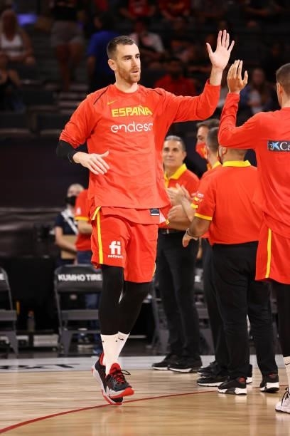 Victor Claver of the Spain Men's National Team high fives teammates before the game against the U.S. Men's National Team on July 18, 2021 at Michelob...
