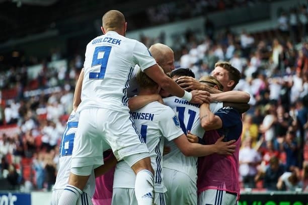 Mohamed Daramy of FC Copenhagen and teammates celebrating his 2-1 goal during the Danish 3F Superliga match between FC Copenhagen and AaB Aalborg at...