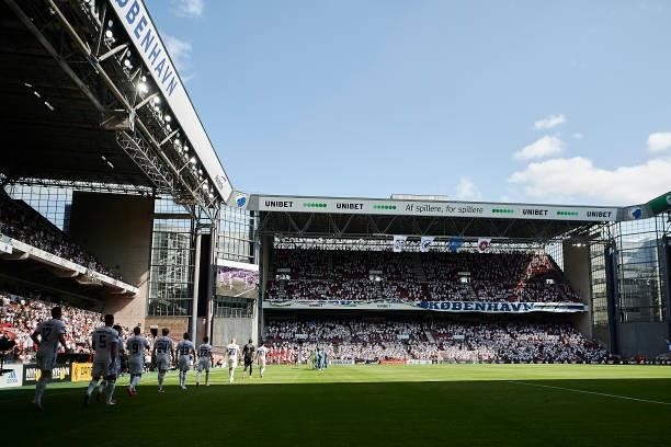 The players of FC Copenhagen walk on to the pitch prior to the Danish 3F Superliga match between FC Copenhagen and AaB Aalborg at Parken Stadium on...