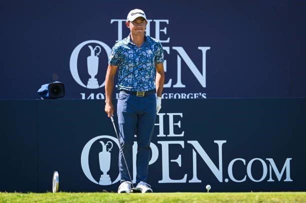 Collin Morikawa smiles on the first hole tee during Day Four of the 149th The Open Championship at Royal St. Georges Golf Club on July 18, 2021 in...