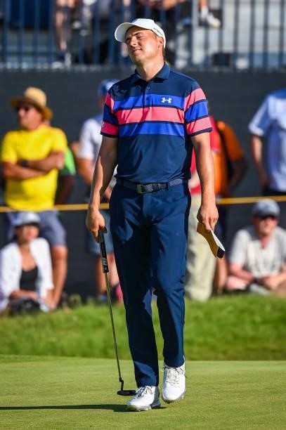 Jordan Spieth reacts after missing a birdie putt on the 17th hole green during Day Four of the 149th The Open Championship at Royal St. Georges Golf...