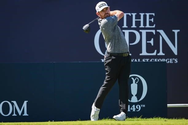 Louis Oosthuizen of South Africa plays his shot from the first tee during Day Four of the 149th The Open Championship at Royal St. Georges Golf Club...