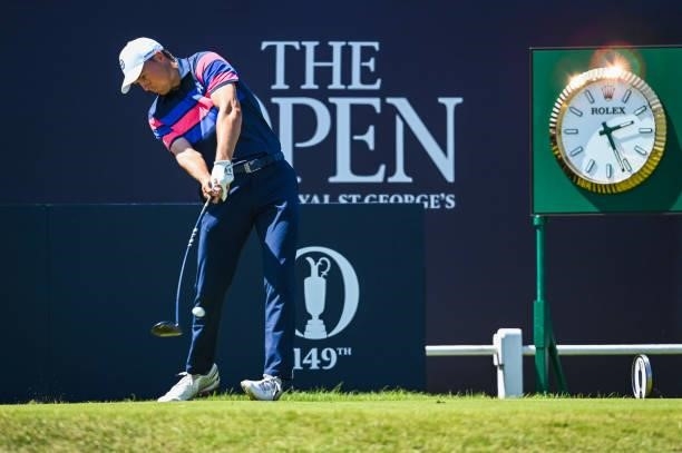 Jordan Spieth at impact as he plays his shot from the first tee during Day Four of the 149th The Open Championship at Royal St. Georges Golf Club on...