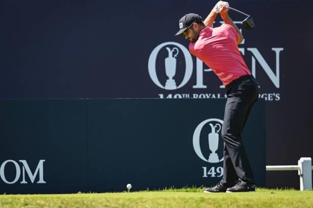 Corey Conners of Canada at the top of his swing as he plays his shot from the first tee during Day Four of the 149th The Open Championship at Royal...
