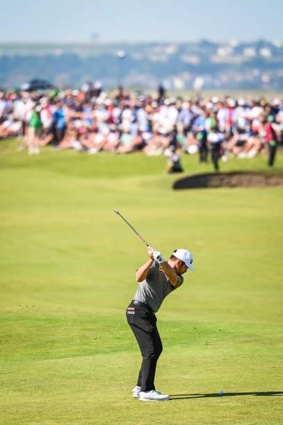 Louis Oosthuizen of South Africa at the top of his swing as he hits his second shot on the seventh hole fairway during Day Four of the 149th The Open...
