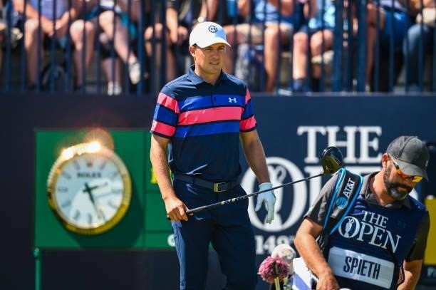 Jordan Spieth walks off the first tee past the Rolex clock during Day Four of the 149th The Open Championship at Royal St. Georges Golf Club on July...