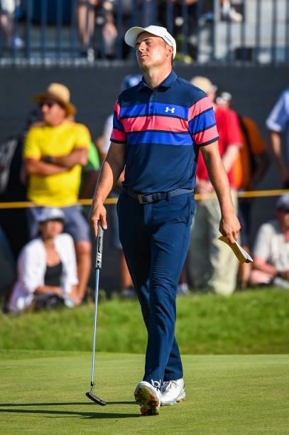 Jordan Spieth reacts after missing a birdie putt on the 17th hole green during Day Four of the 149th The Open Championship at Royal St. Georges Golf...