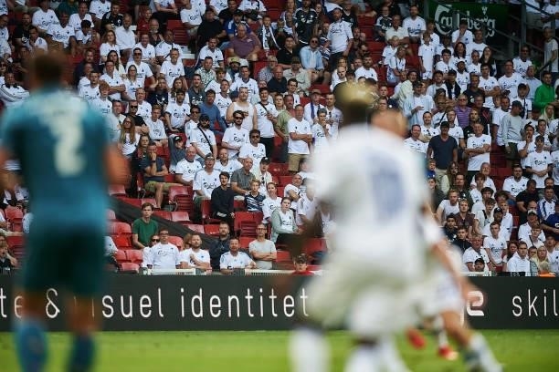 Spectators looks on from the stands during the Danish 3F Superliga match between FC Copenhagen and AaB Aalborg at Parken Stadium on July 18, 2021 in...