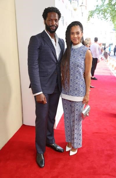 Sope Dirisu and Dominique Tipper arrive at the South Bank Sky Arts awards at The Savoy Hotel on July 19, 2021 in London, England. The South Bank Sky...