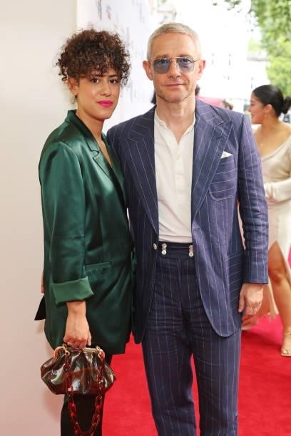 Rachel Mariam and Martin Freeman arrive at the South Bank Sky Arts awards at The Savoy Hotel on July 19, 2021 in London, England. The South Bank Sky...