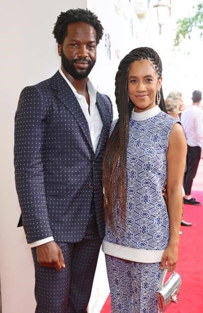 Sope Dirisu and Dominique Tipper arrive at the South Bank Sky Arts awards at The Savoy Hotel on July 19, 2021 in London, England. The South Bank Sky...